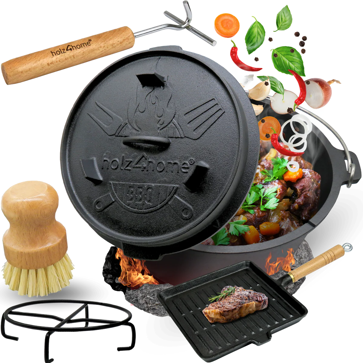 Dutch Oven Set 6-teilig I eingebrannter Feuertopf 9L aus Gusseisen I inkl. Pfanne, Topfständer, Deckelheber und Reinigungsbürste