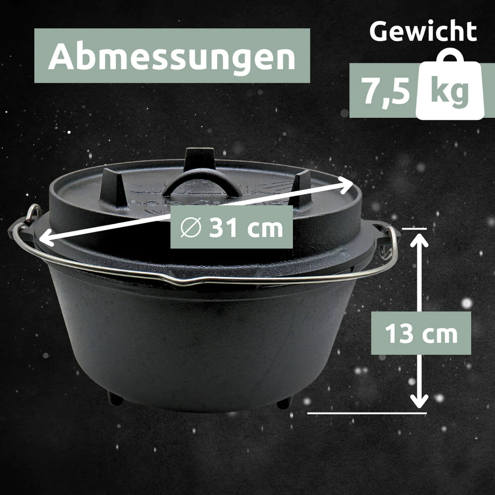 Dutch Oven Set 6-teilig I eingebrannter Feuertopf 9L aus Gusseisen I inkl. Pfanne, Topfständer, Deckelheber und Reinigungsbürste