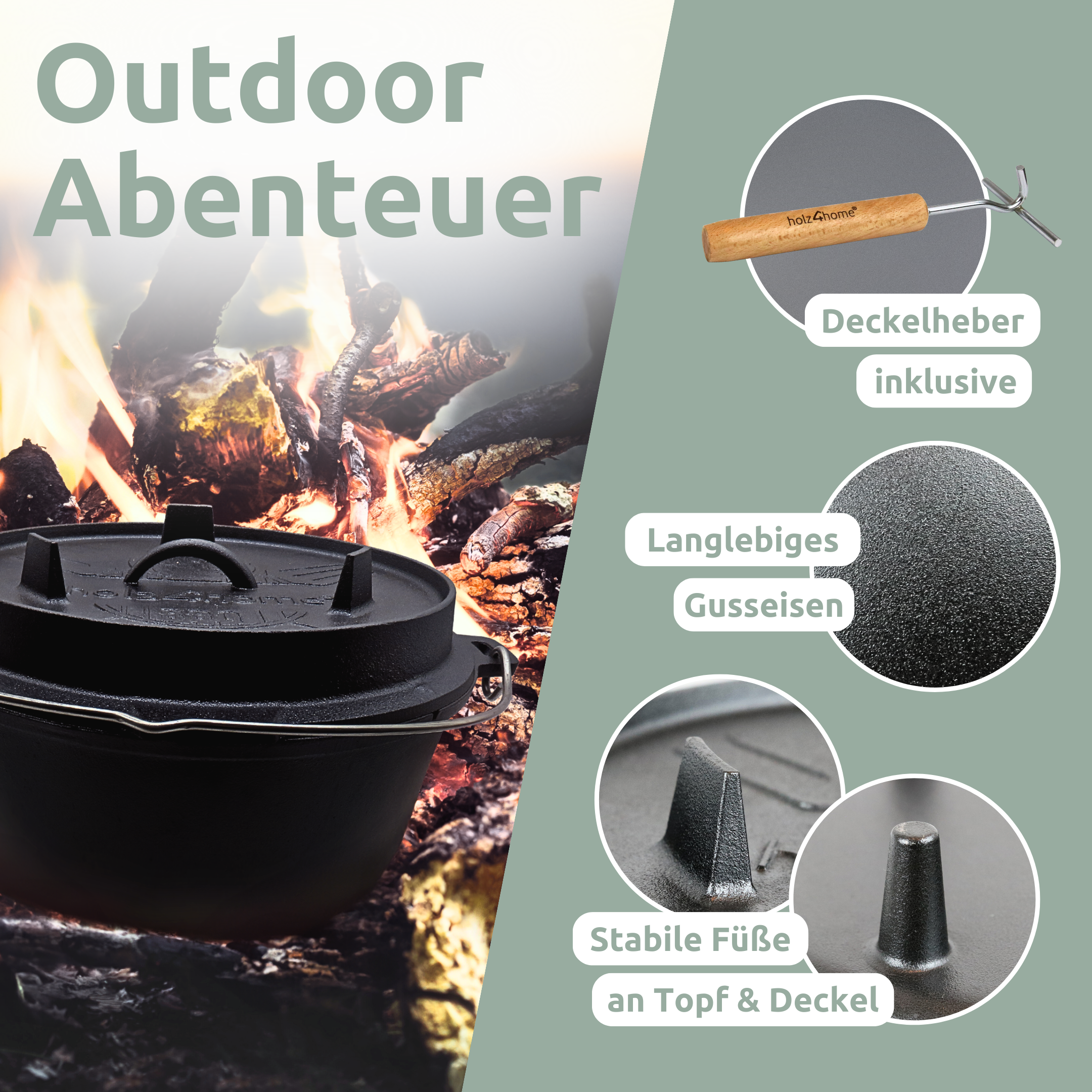 Dutch Oven I eingebrannter Feuertopf aus Gusseisen I inkl. Deckelheber, Topfständer und Reinigungsbürste