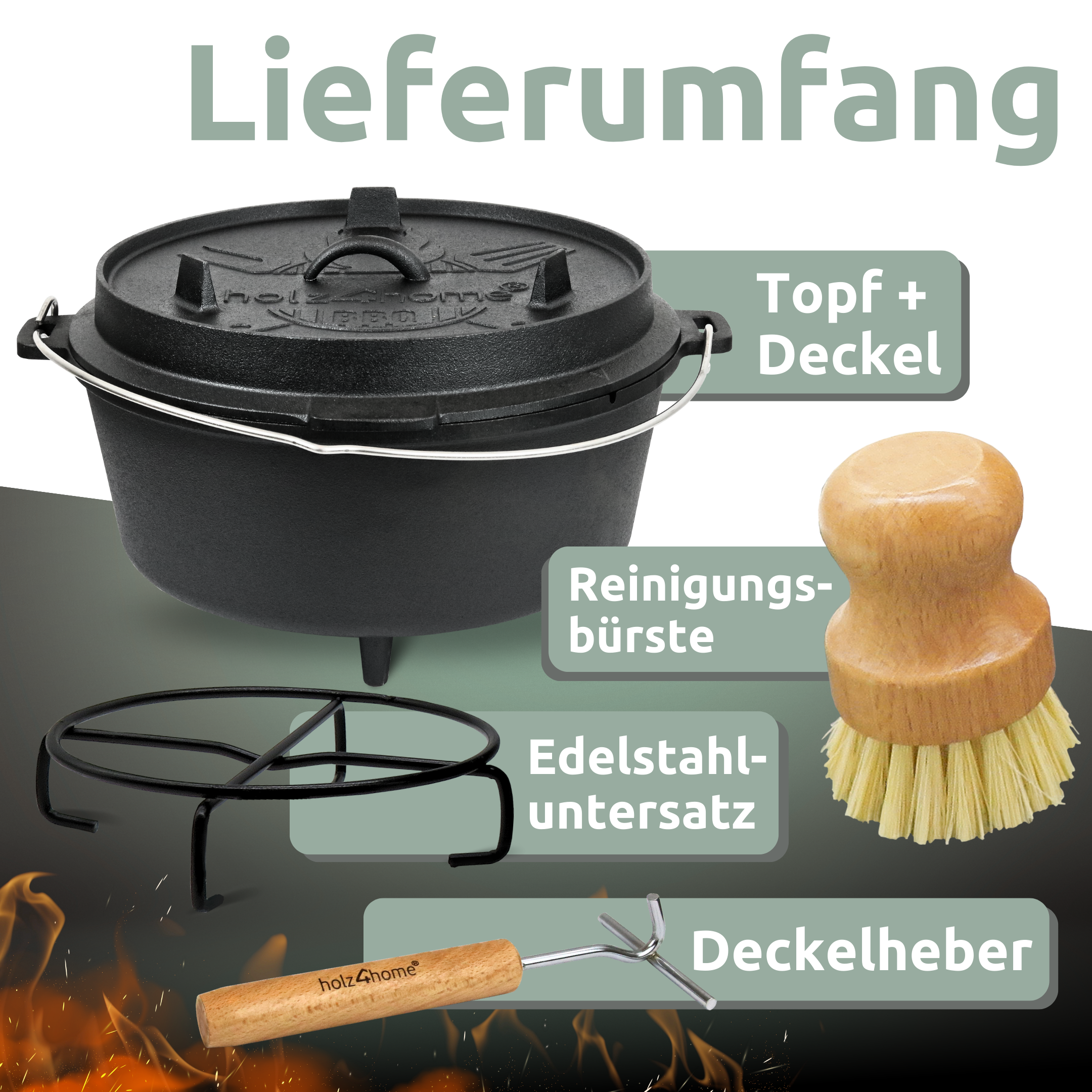Dutch Oven I eingebrannter Feuertopf aus Gusseisen I inkl. Deckelheber, Topfständer und Reinigungsbürste