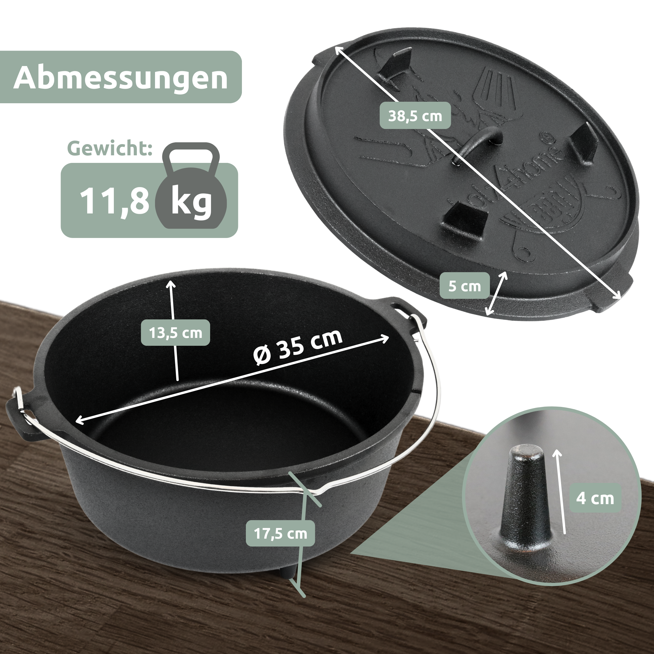 Dutch Oven I eingebrannter Feuertopf aus Gusseisen I inkl. Deckelheber, Topfständer und Reinigungsbürste