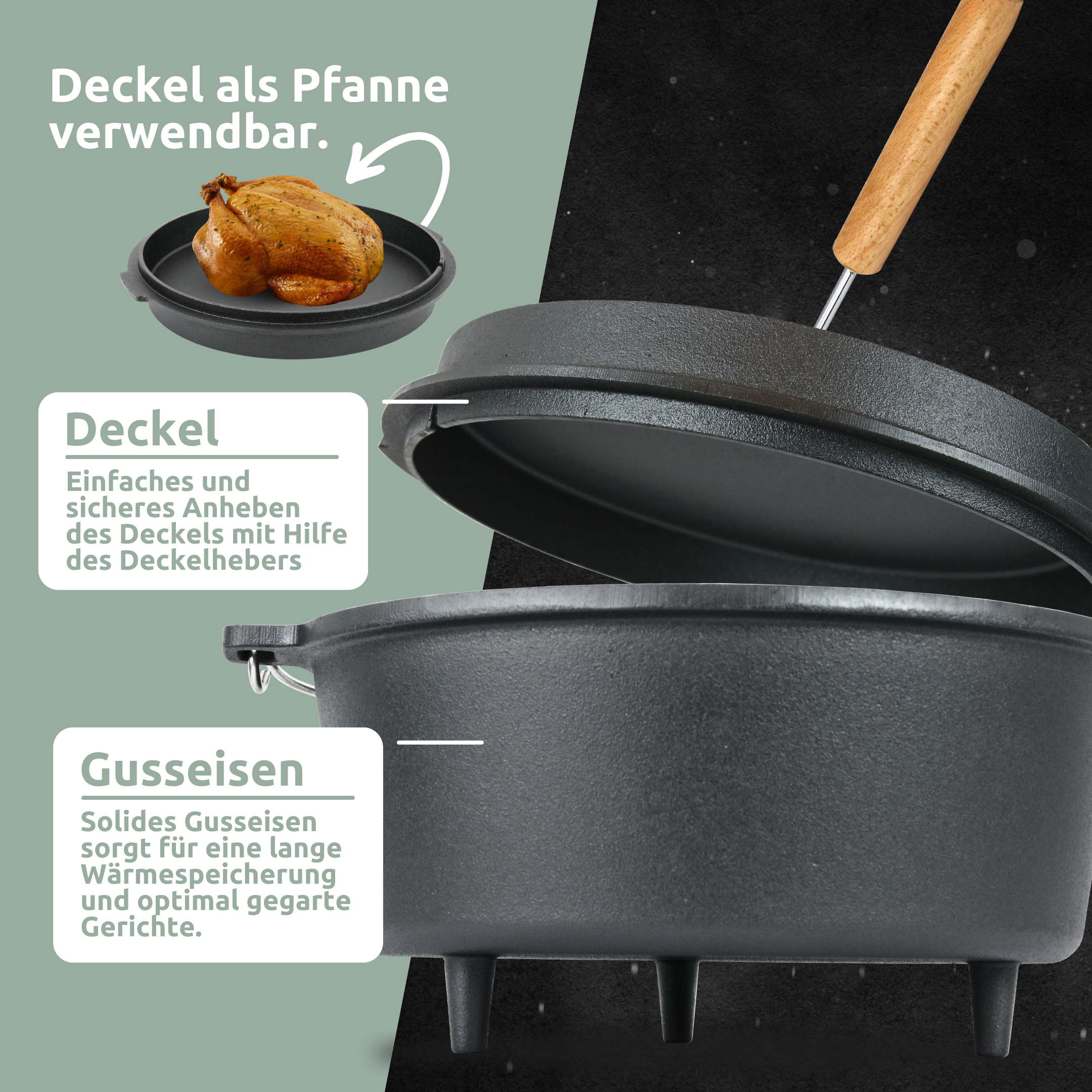 Dutch Oven I eingebrannter Feuertopf aus Gusseisen I inkl. Deckelheber, Topfständer und Reinigungsbürste