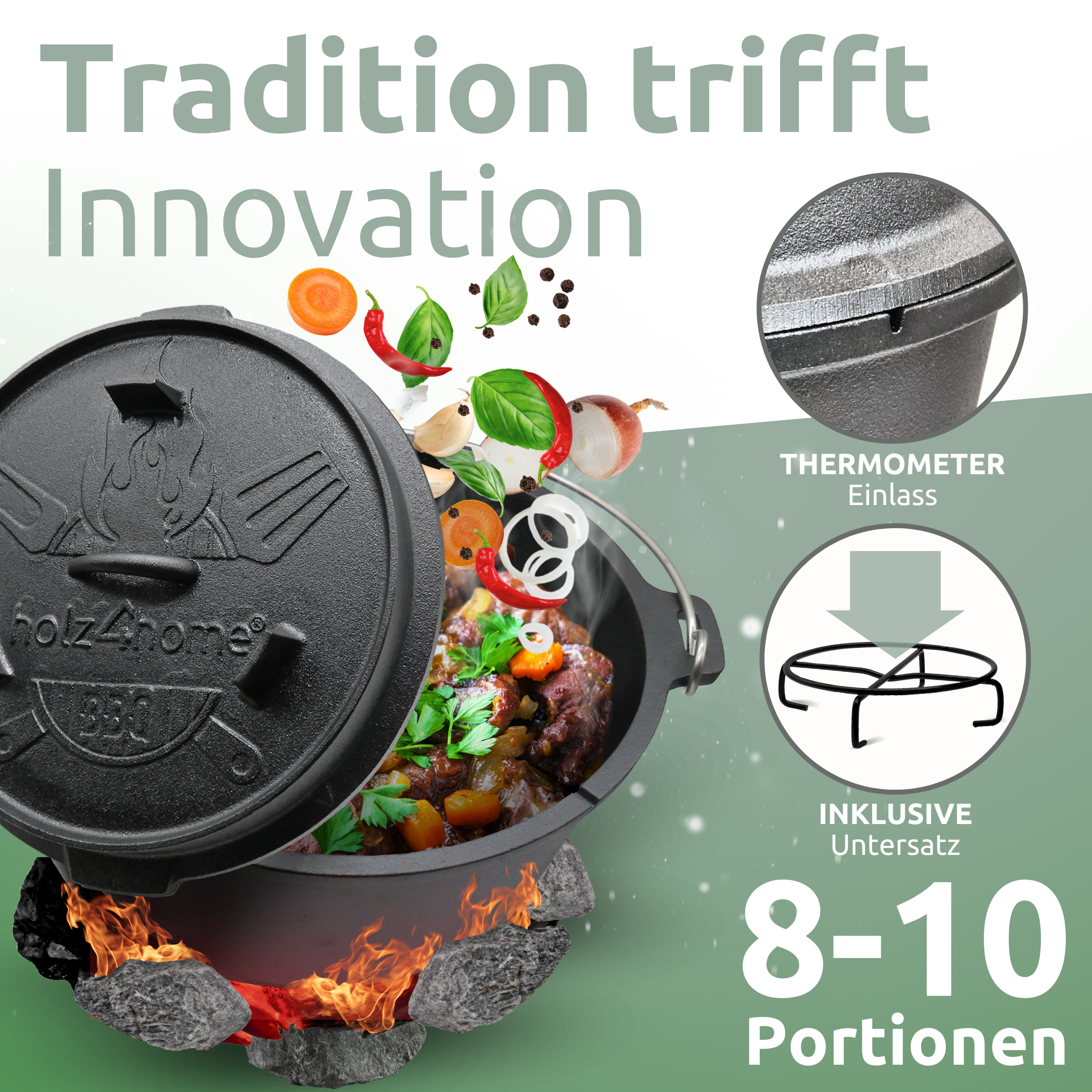 Dutch Oven I eingebrannter Feuertopf aus Gusseisen I inkl. Deckelheber, Topfständer und Reinigungsbürste