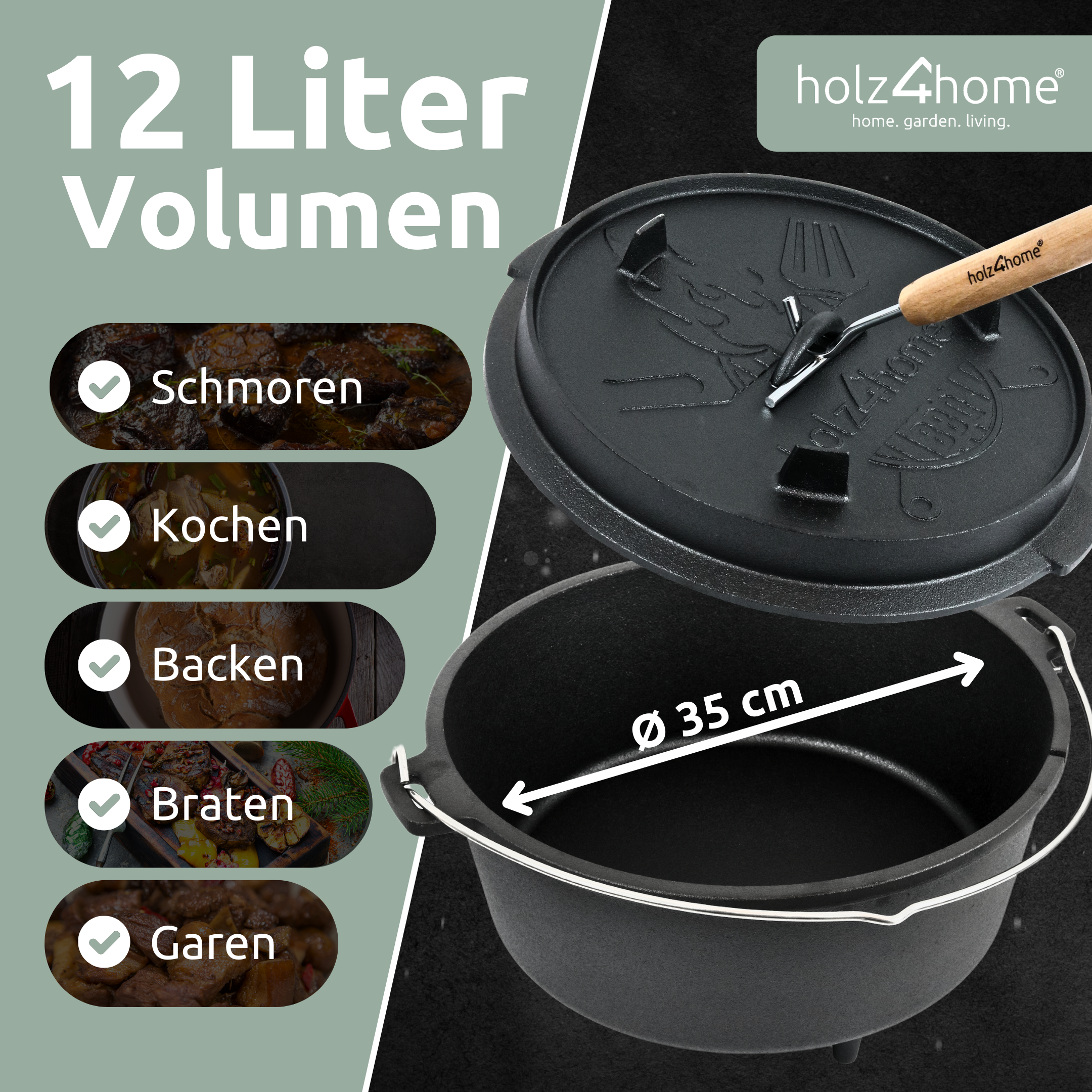 Dutch Oven I eingebrannter Feuertopf aus Gusseisen I inkl. Deckelheber, Topfständer und Reinigungsbürste