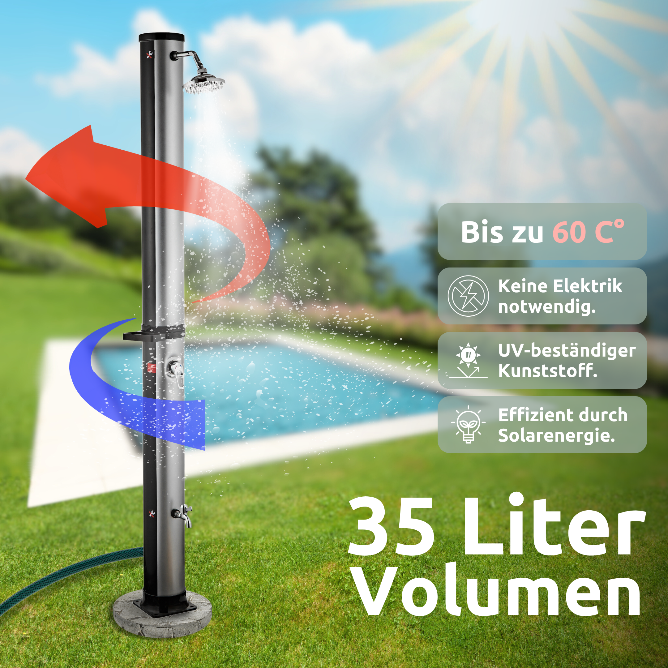 Solardusche mit Wasserspeicher für Pool, Garten und Camping - Gartendusche inkl. Schutzhülle
