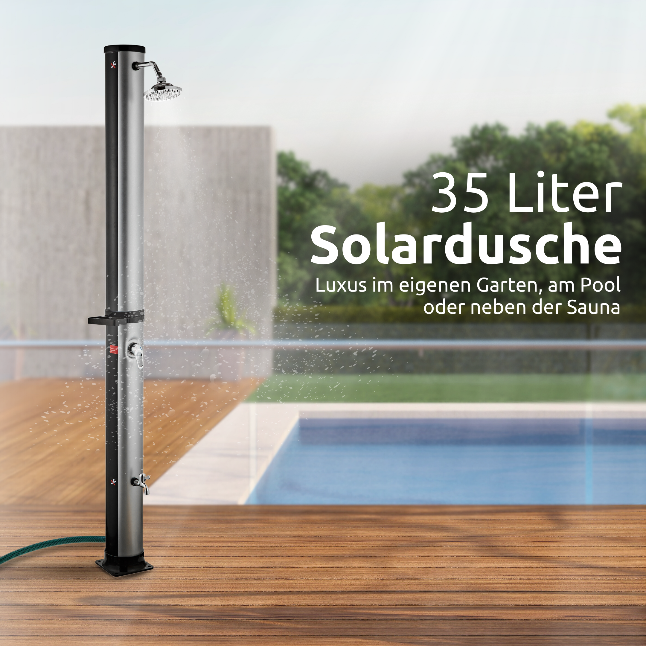Solardusche mit Wasserspeicher für Pool, Garten und Camping - Gartendusche inkl. Schutzhülle