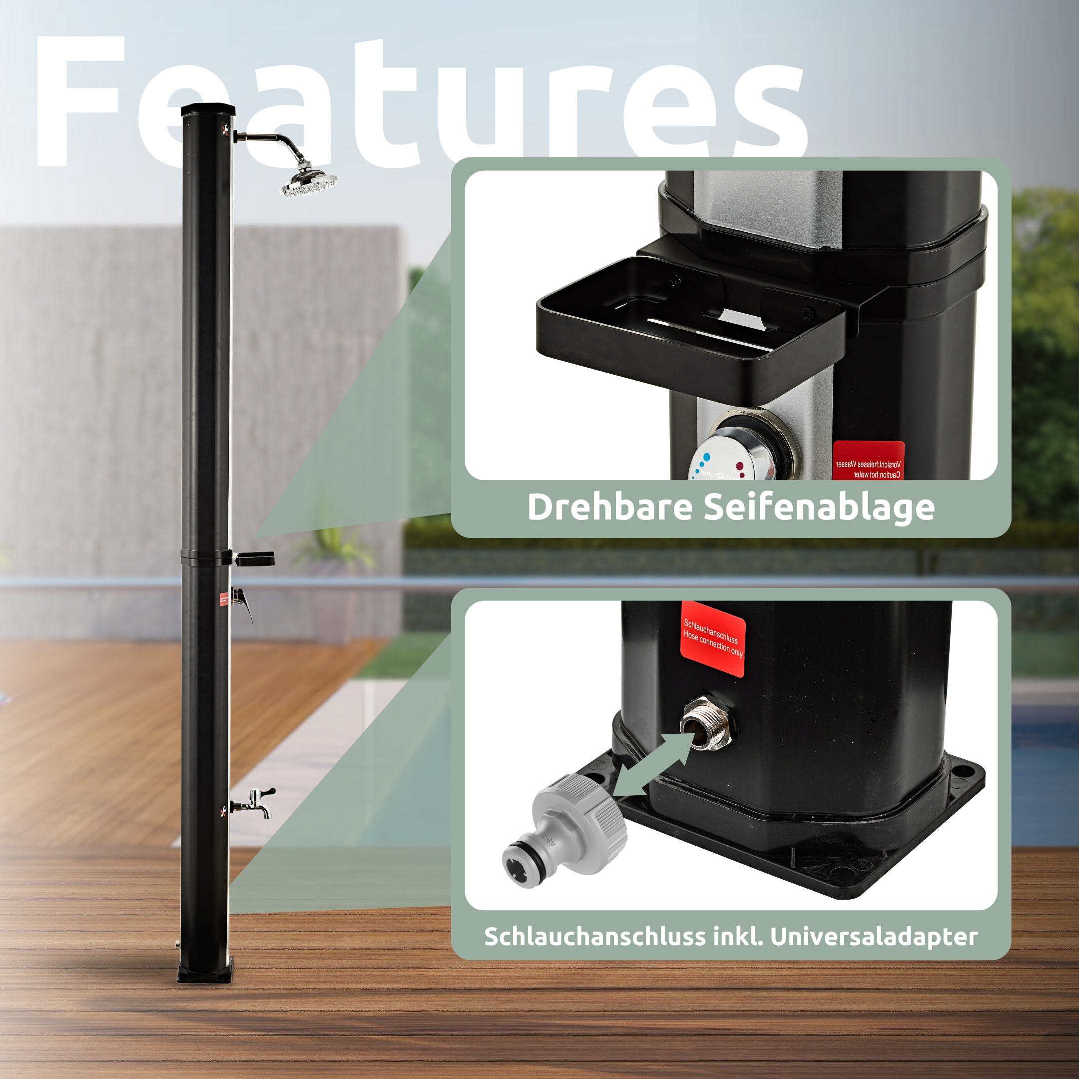 Solardusche mit Wasserspeicher für Pool, Garten und Camping - Gartendusche inkl. Schutzhülle