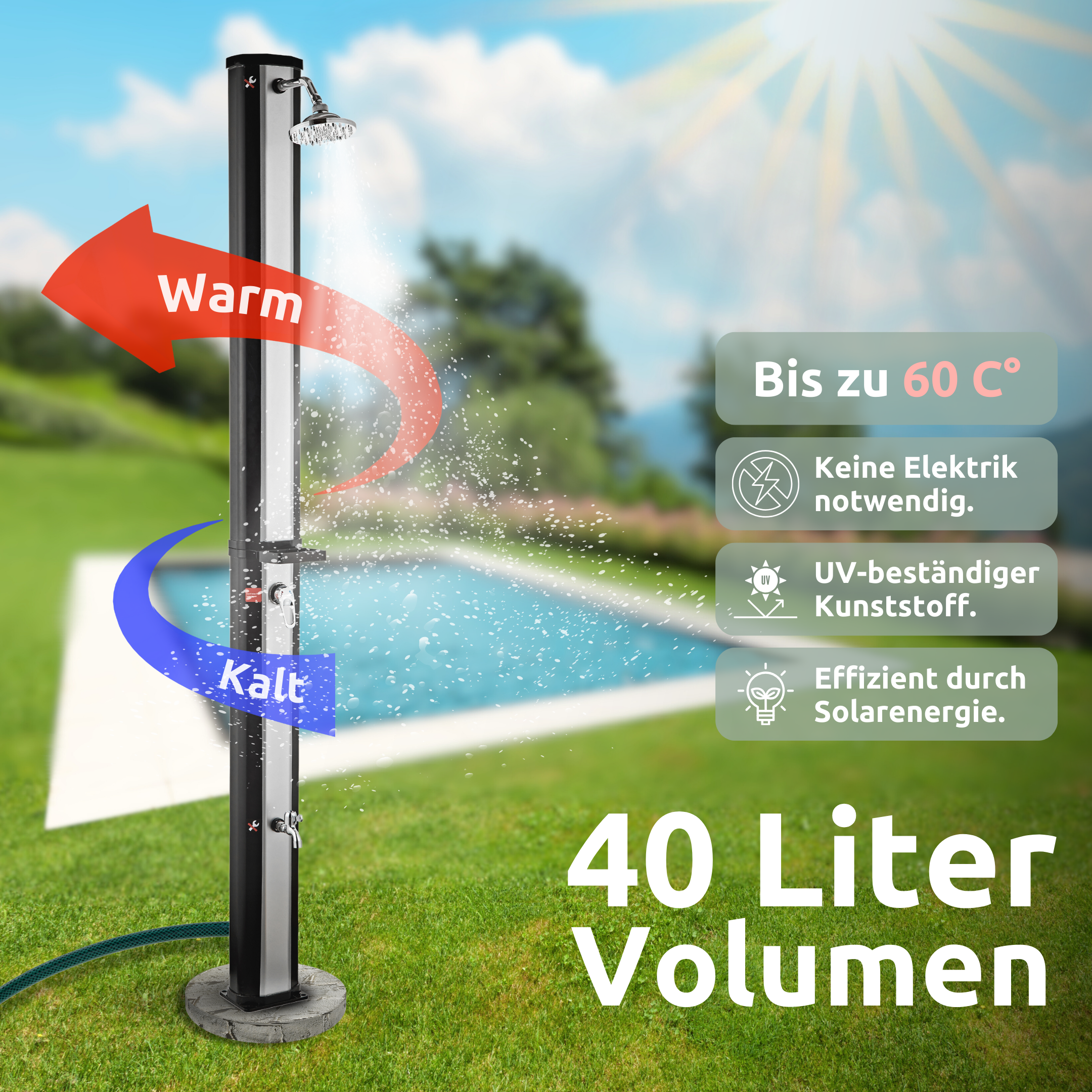 Solardusche mit Wasserspeicher für Pool, Garten und Camping - Gartendusche inkl. Schutzhülle