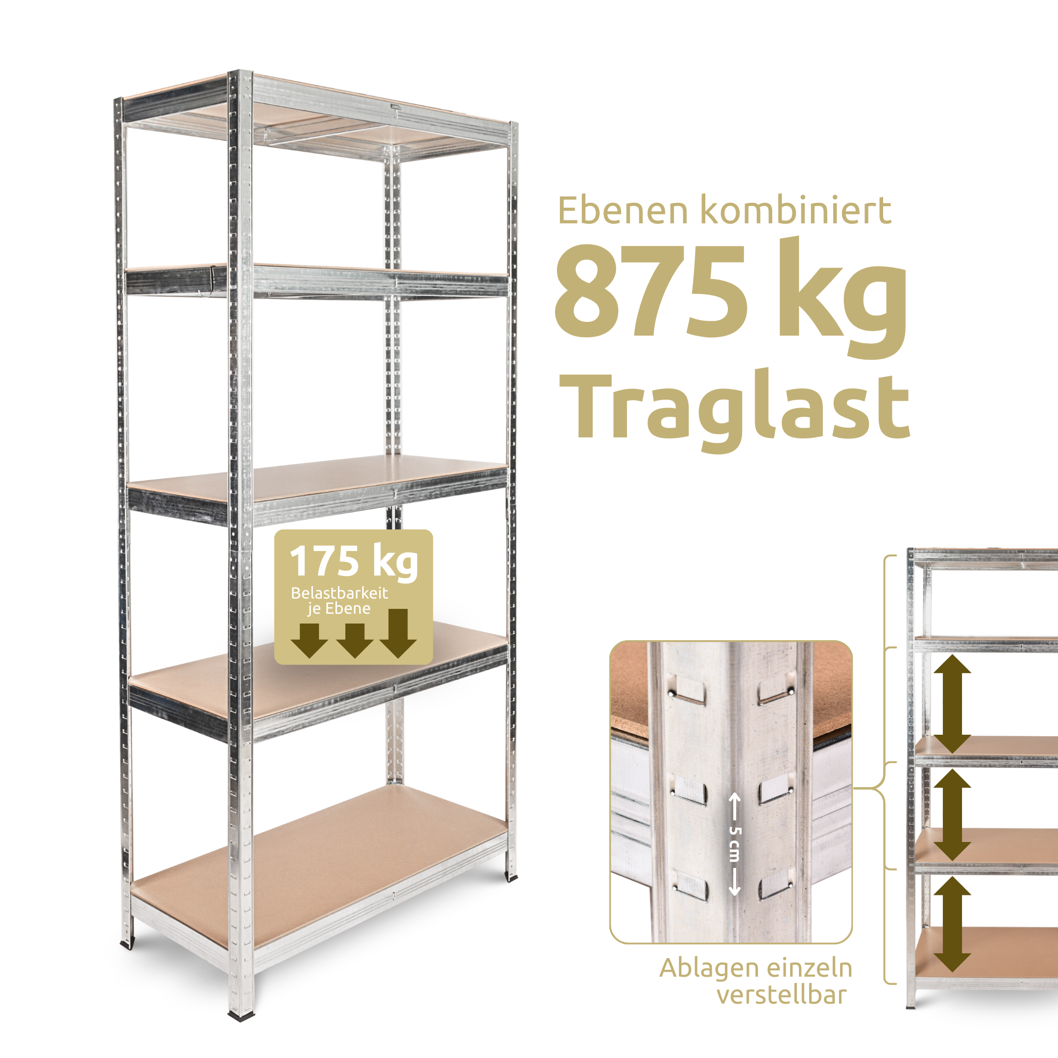Schwerlastregal 90x40x180cm I belastbar bis 875kg I 5 Ablagen + Haken