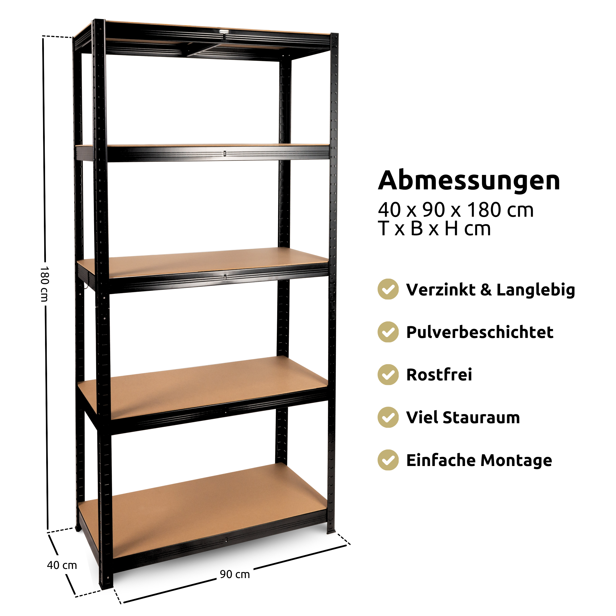 Schwerlastregal 90x40x180cm I belastbar bis 875kg I 5 Ablagen + Haken