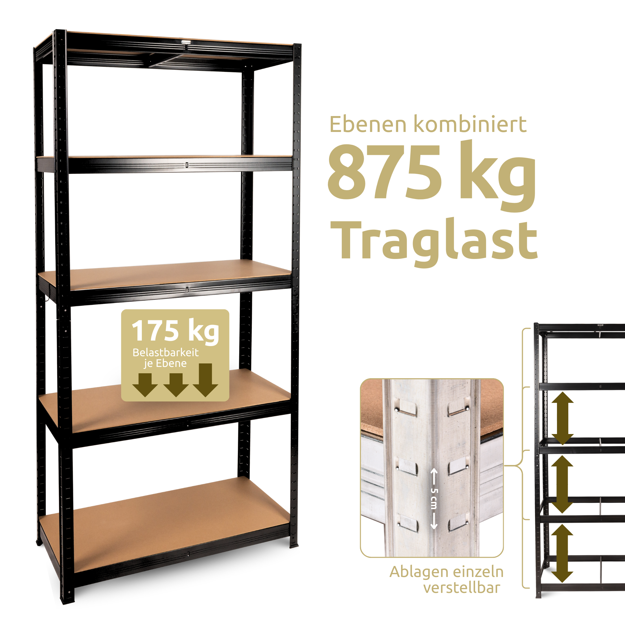 Schwerlastregal 90x40x180cm I belastbar bis 875kg I 5 Ablagen + Haken