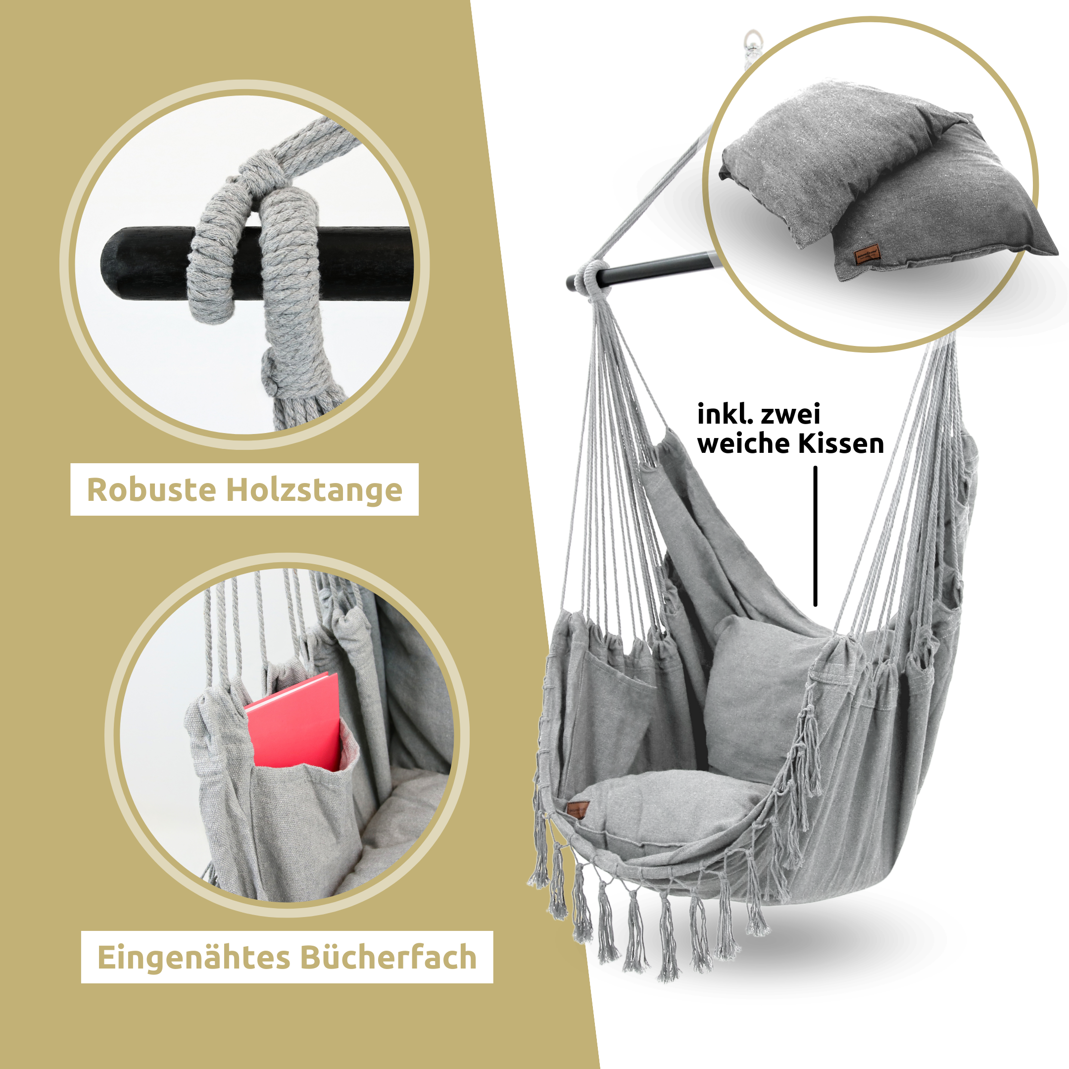Hängesessel mit 2 Kissen, Bücherfach und Kuscheldecke