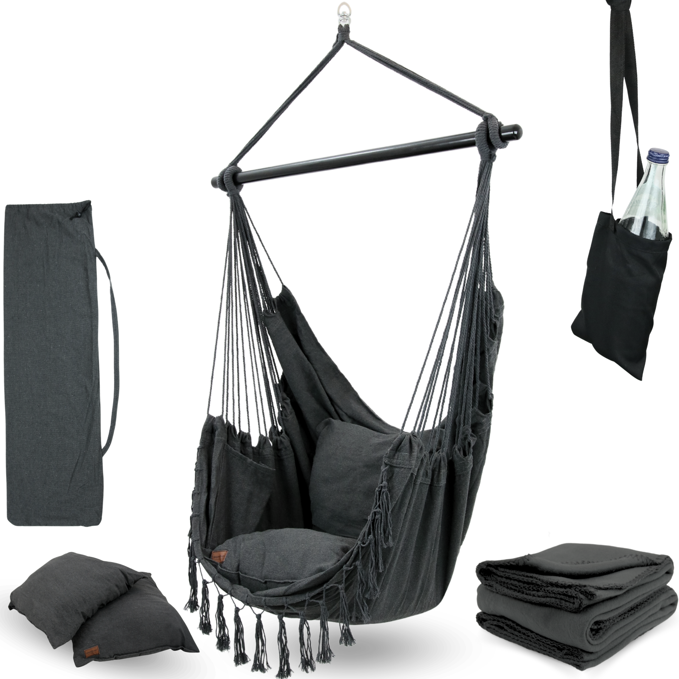 Hängesessel mit 2 Kissen, Bücherfach und Kuscheldecke