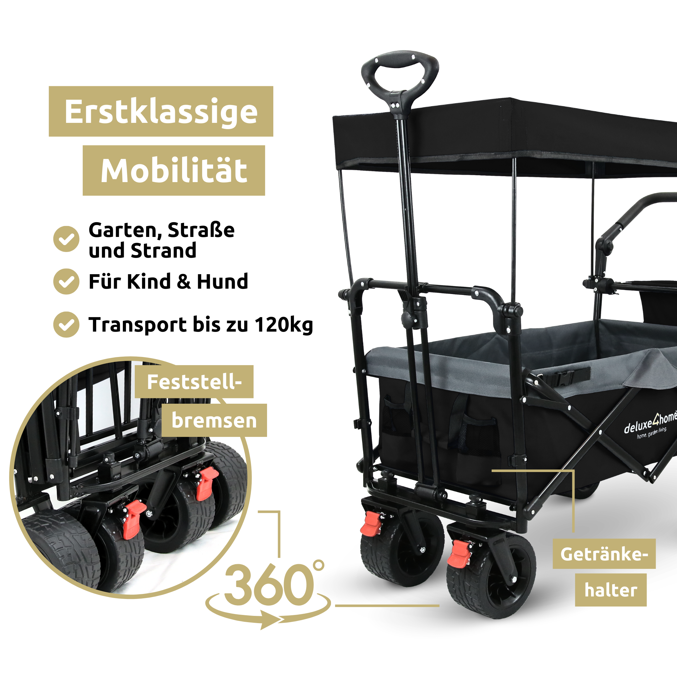 Bollerwagen faltbar mit Dach I Extra Breite Reifen