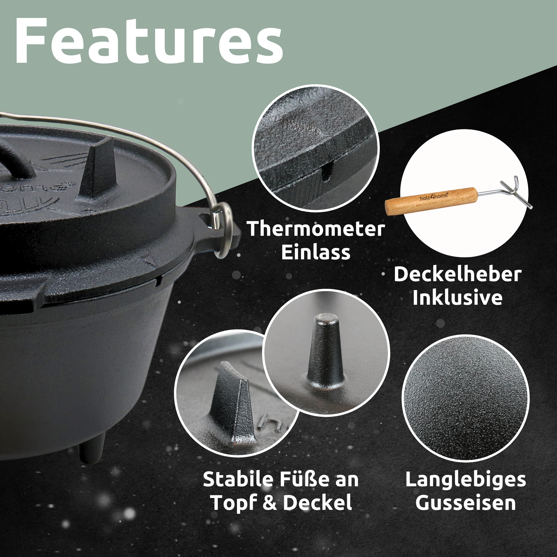 Dutch Oven I eingebrannter Feuertopf aus Gusseisen I inkl. Deckelheber, Topfständer und Reinigungsbürste