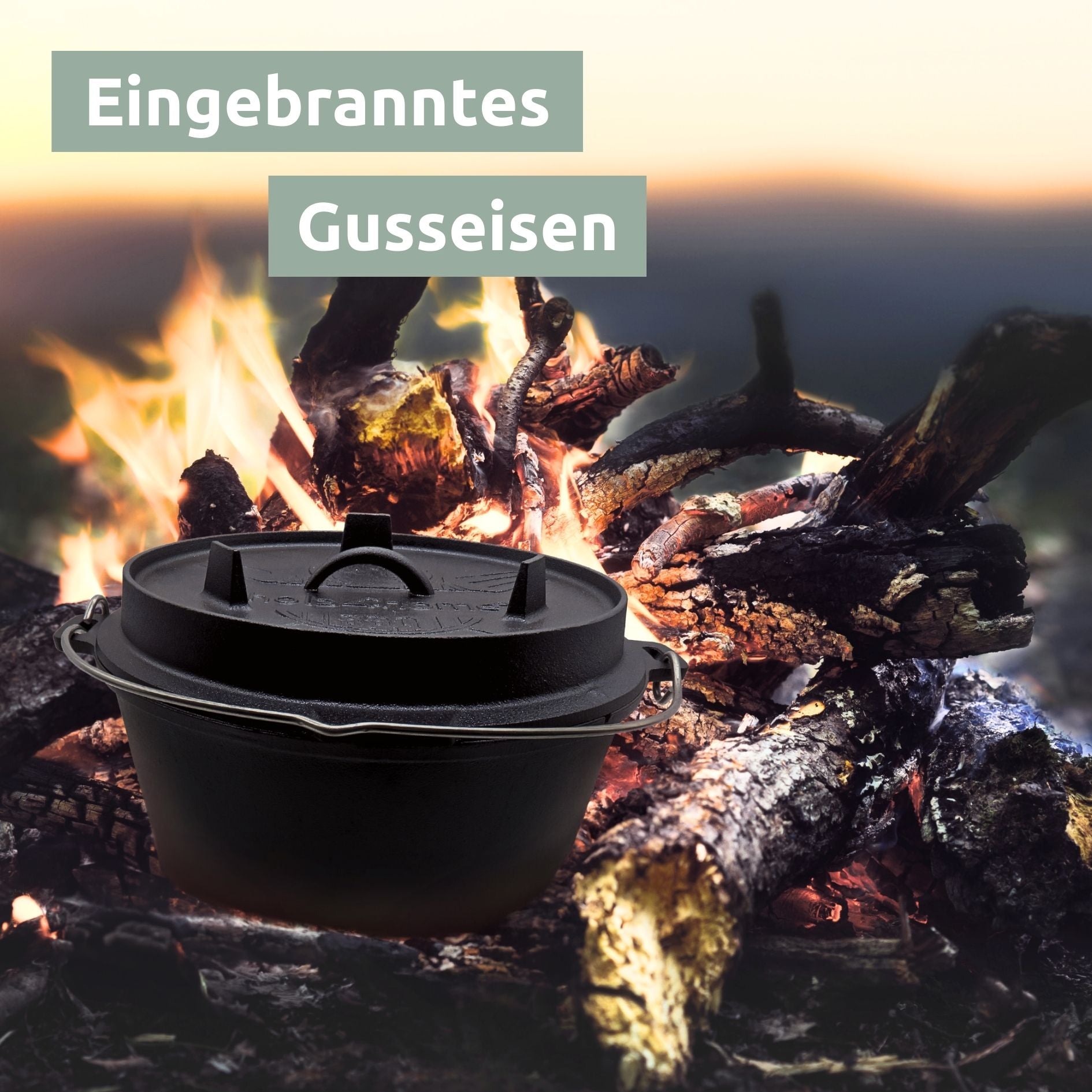 Dutch Oven Set 9-teilig in Holzkiste I 4,7L Feuertopf Viel Zubehör: kleiner Topf, Grillplatte, Pfanne, Handschuhe uvm.