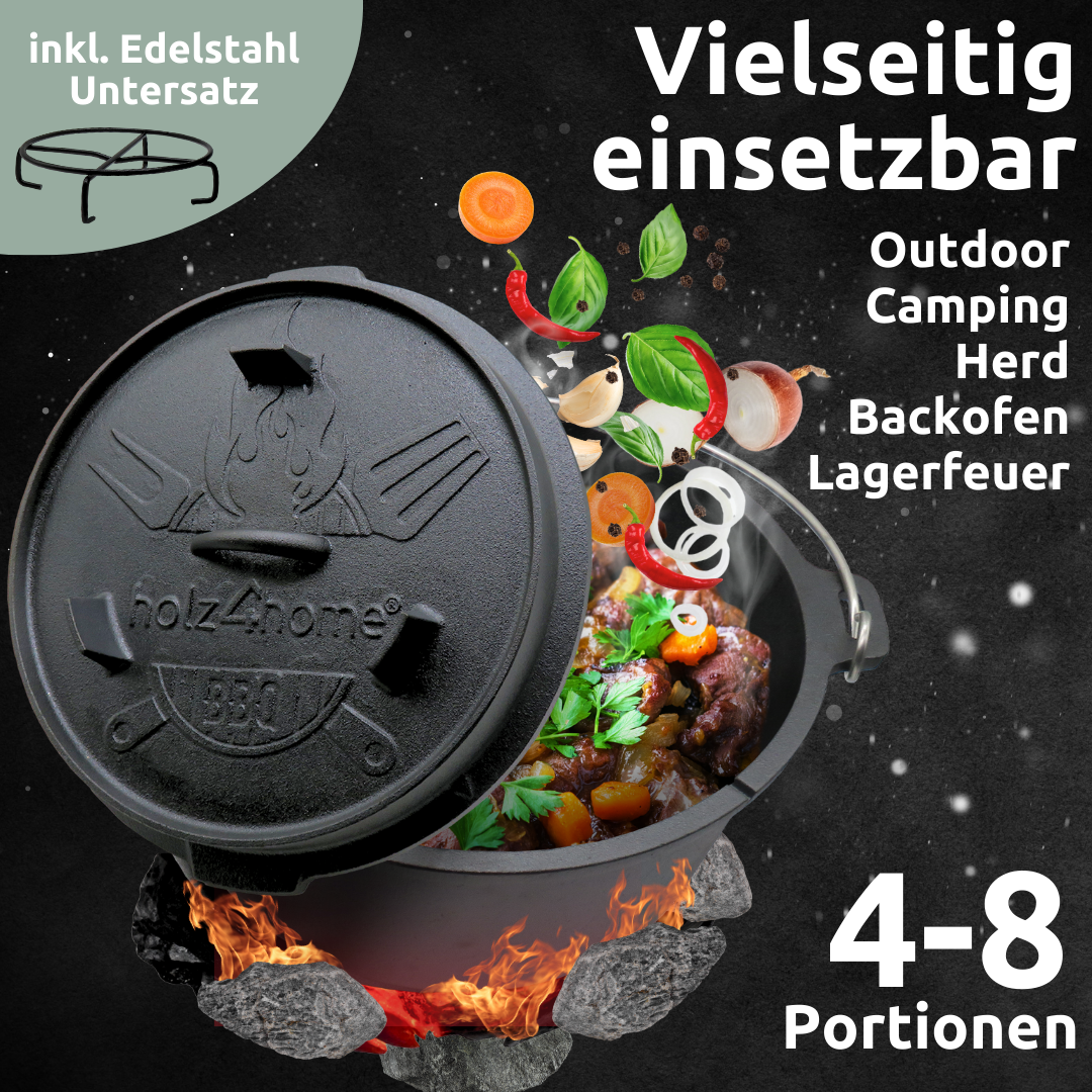 Dutch Oven I eingebrannter Feuertopf aus Gusseisen I inkl. Deckelheber, Topfständer und Reinigungsbürste