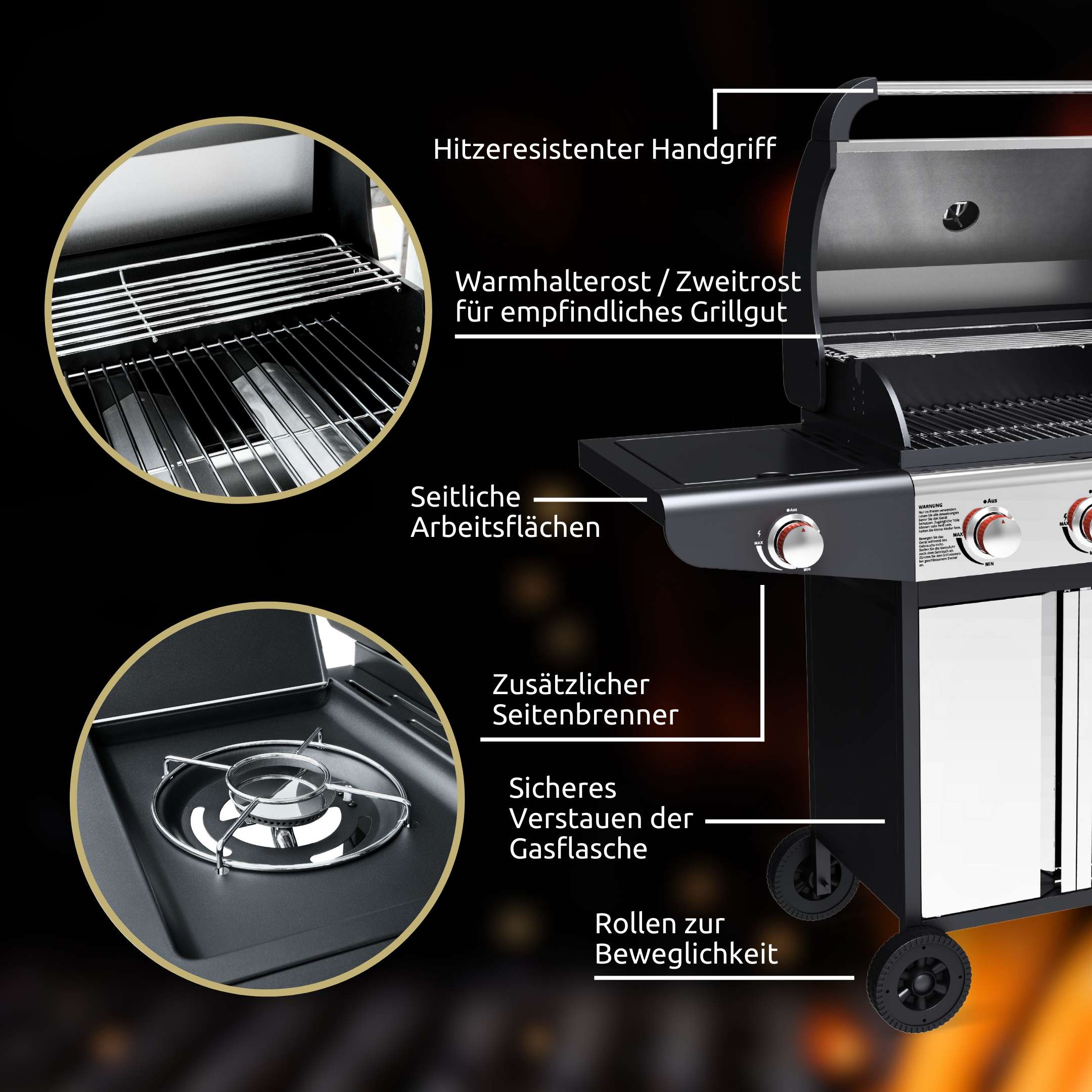 Grillwagen Gasgrill mit Deckel, 3 + 1 Seitenbrenner, Thermometer uvm.