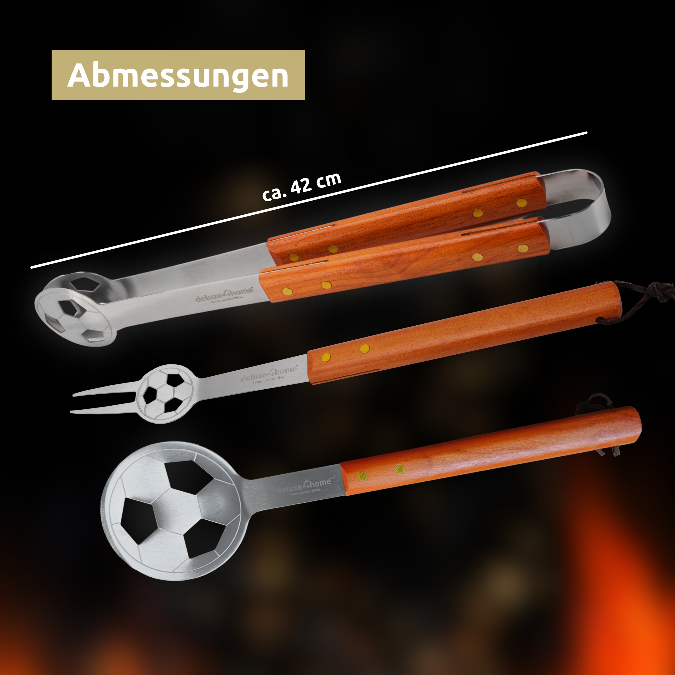 Grillset: Grillgabel, Grillzange, Grillwender und Grillhandschuh