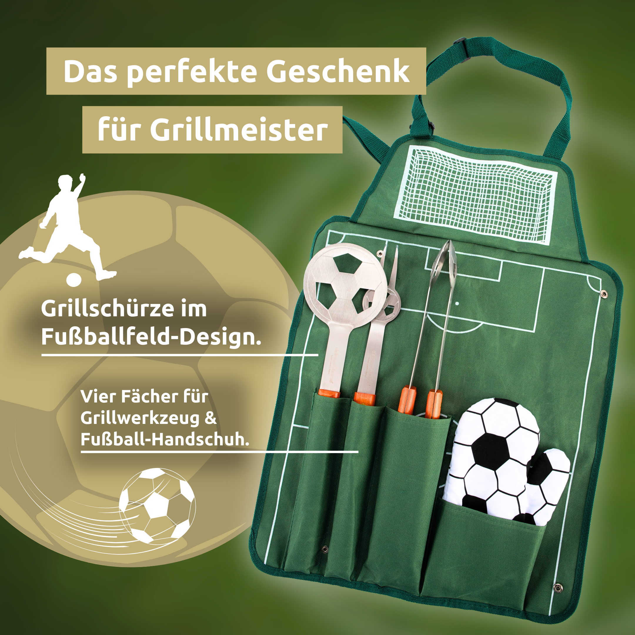 Grillset: Grillgabel, Grillzange, Grillwender und Grillhandschuh